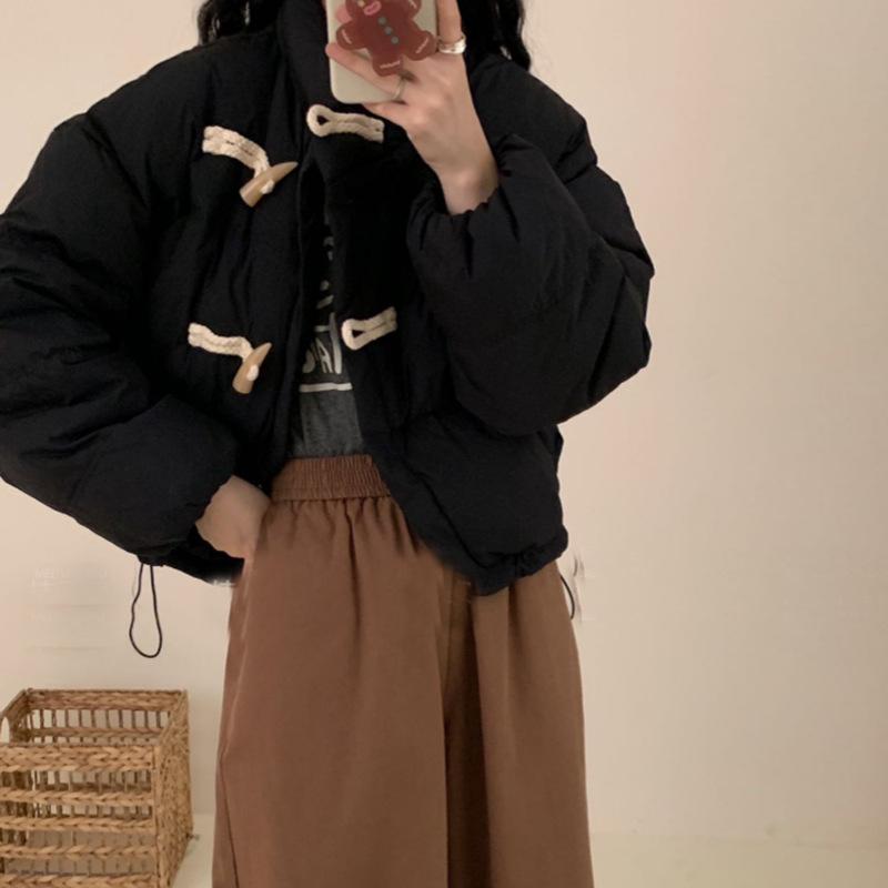 Two horn buckle down jacket women's short 2024 winter fashion stand-up collar sweet warm white duck down bread jacket tide