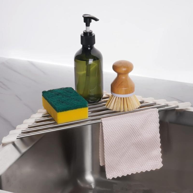 Dish Drying Rack Kitchen Sink Organizer Corner OverThe Sink Sponge Rag Holder Foldable Stainless Steel Drainer Roll Up Triangle