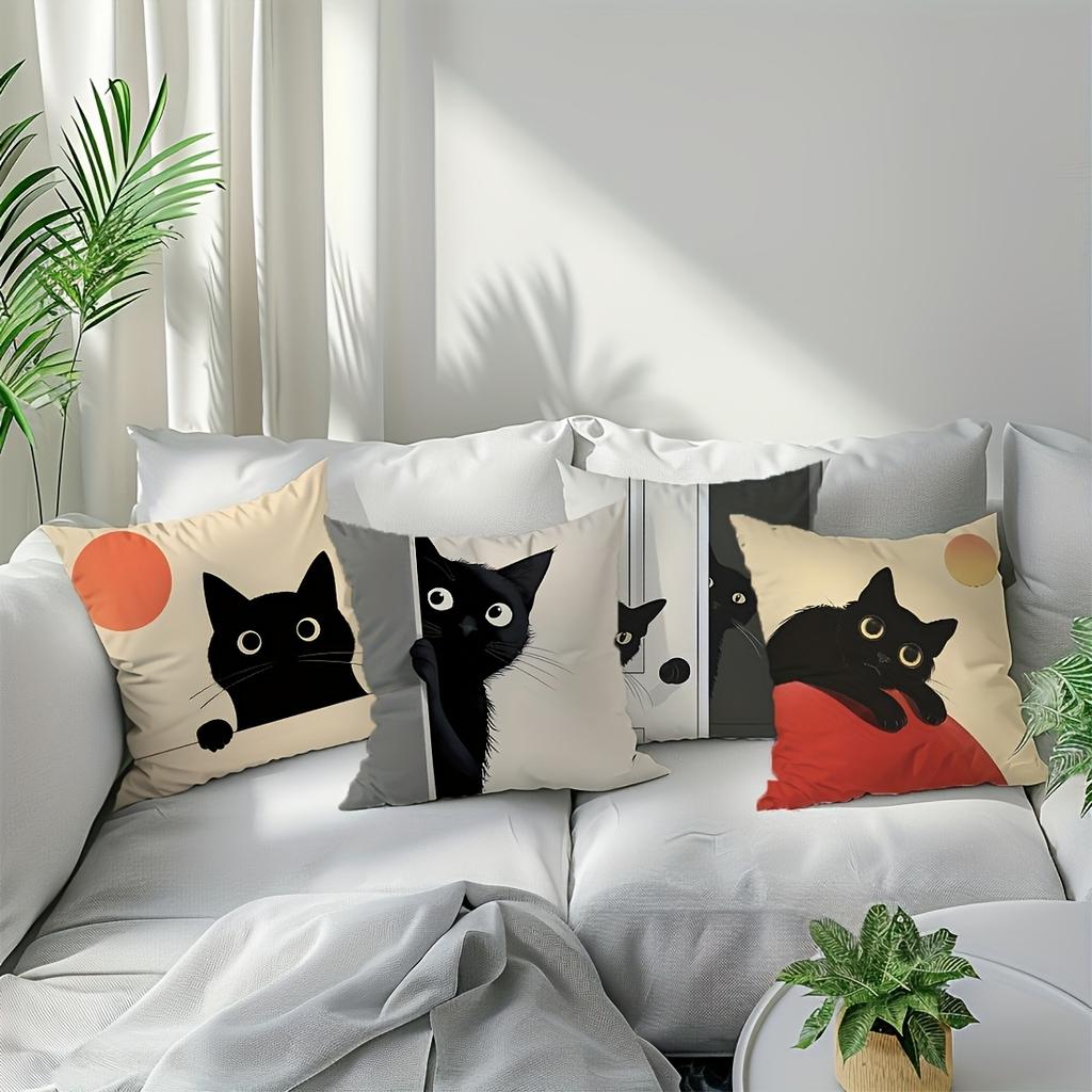 4Pcs Modern Minimalist Black Cat Single-Sided Printing Short Plush Suitable Living Rooms Bedrooms Sofas (Excluding Pillow Cores)
