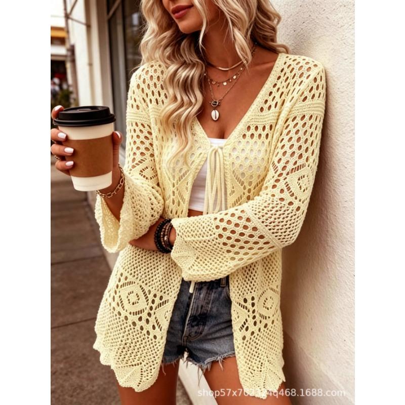 Women V Neck Long Sleeve Hollow Out Knit Cardigan Sun Protection Beach Cover Up Outerwear