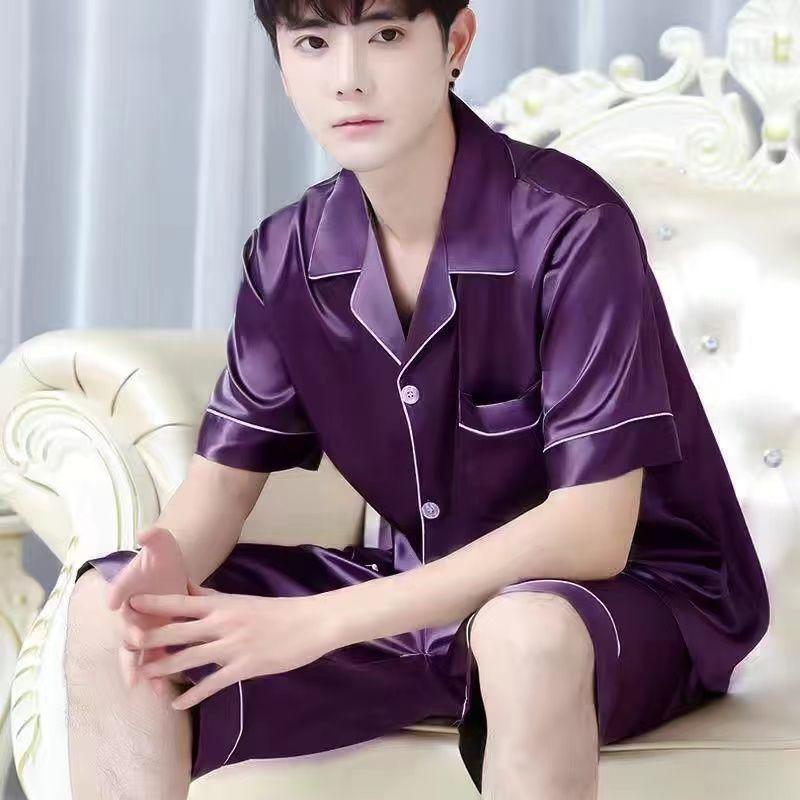 Ice Silk Pajamas Men's Summer Thin Cardigan Short-sleeved Shorts Youth Home Service Suit Simulation Silk