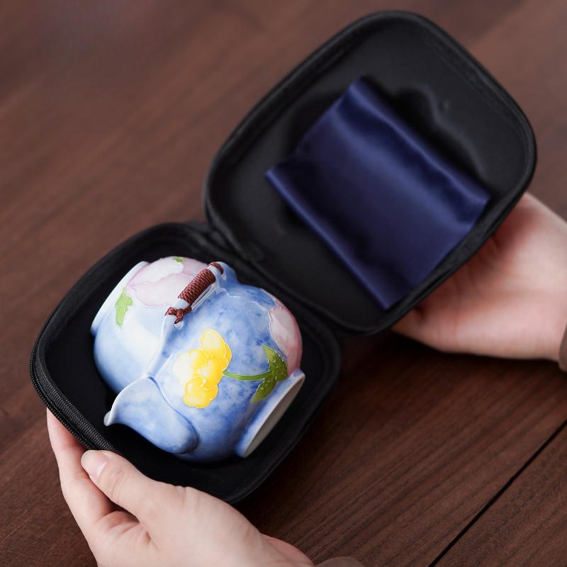 Hand-painted peony travel tea set, one pot and two cups, outdoor portable express cup, ceramic bubble teapot, teacup.