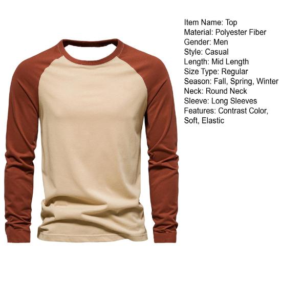 Autumn Winter Men Bottoming Top Slim Fit Patchwork O Neck Pullover Stretchy Long Sleeves Mid Length Fitness Exercise Daily Wear Shirt