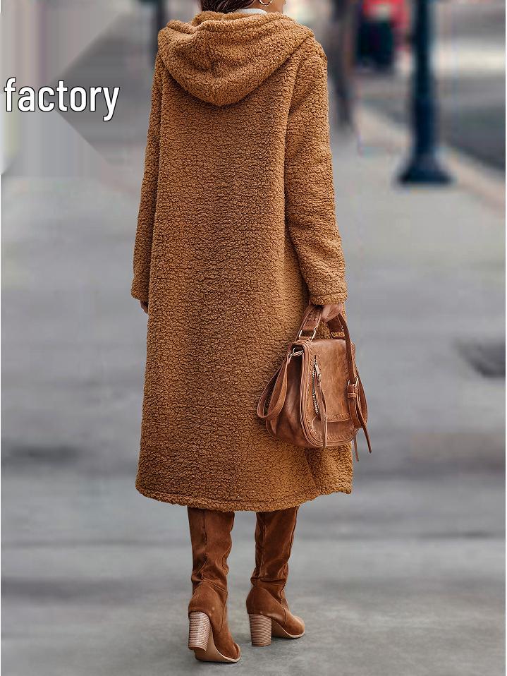 Women's Solid Color Plush Hooded Jacket - Autumn/Winter Long-Sleeve Windbreaker Coat