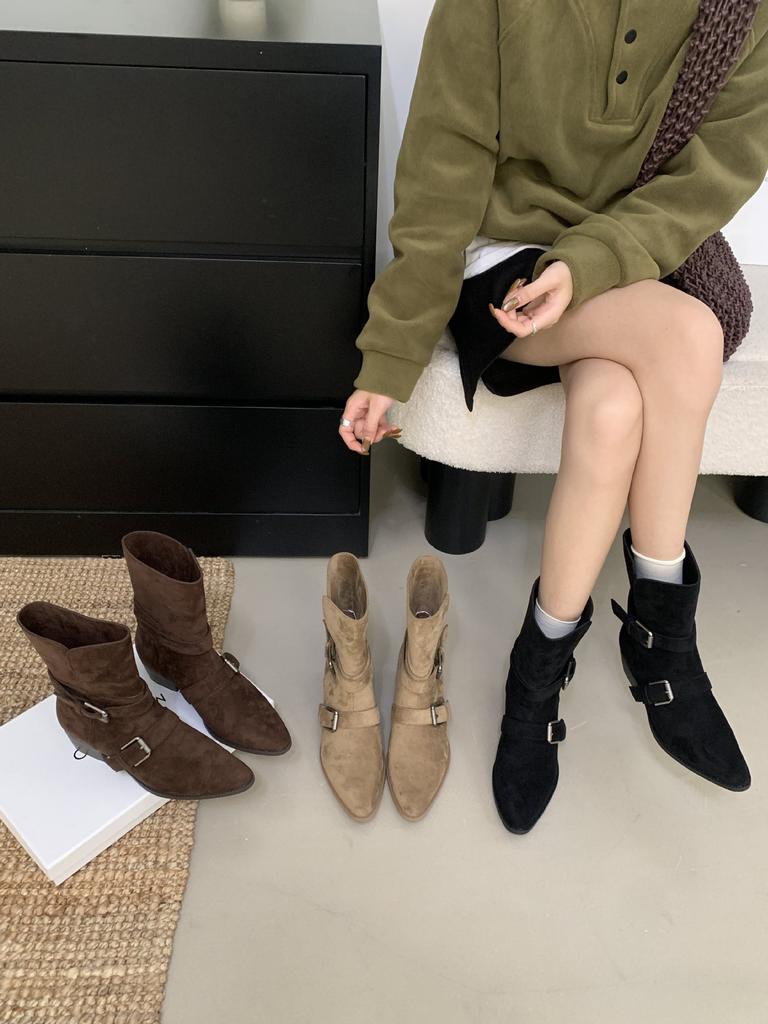 Korean Version Belt Buckle Thick Heel Folded Two Wear Short Boots Women's Autumn and Winter New Fashionable Temperament Denim Thin Short Boots