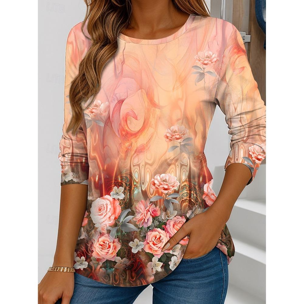 Summer Women's T Shirt Floral Graphic Plants Stylish Casual Long Sleeve T-shirts Round Neck Regular Tops Flower Printed Pullover