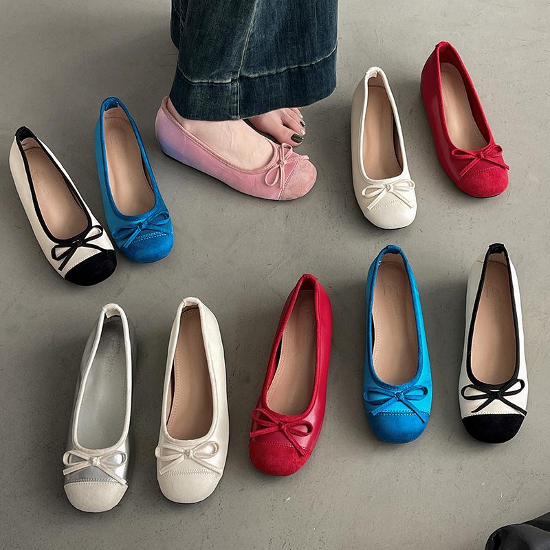Bow ballet shoes women's spring new flat bottom shallow mouth single shoes casual temperament skirt