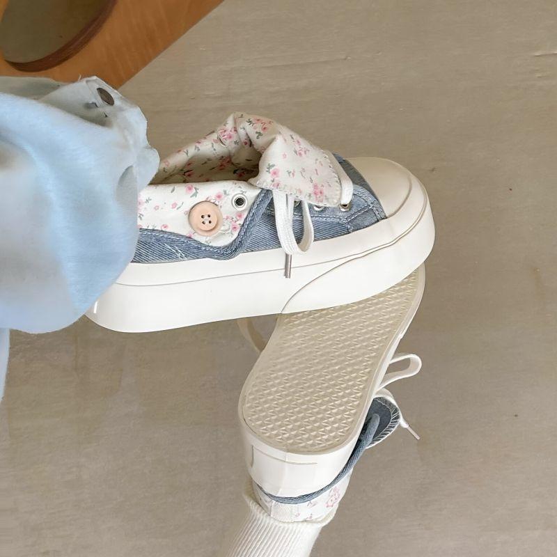 Floral denim blue platform canvas white shoes women's summer breathable thin student versatile tide shoes