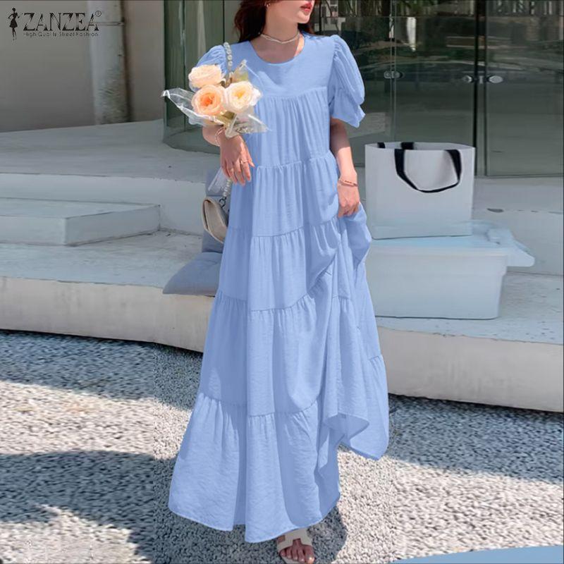 ZANZEA Damen Freizeit Rundhals Locker Kurzarm Langes Kleid