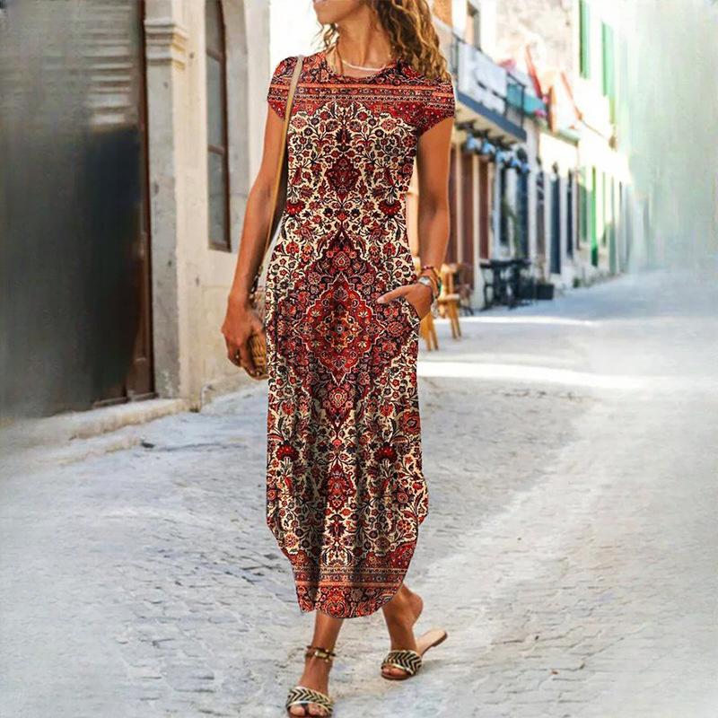 IHUASU Women's O Neck Plug Pocket Short Sleeve Trendy Printed Dresses