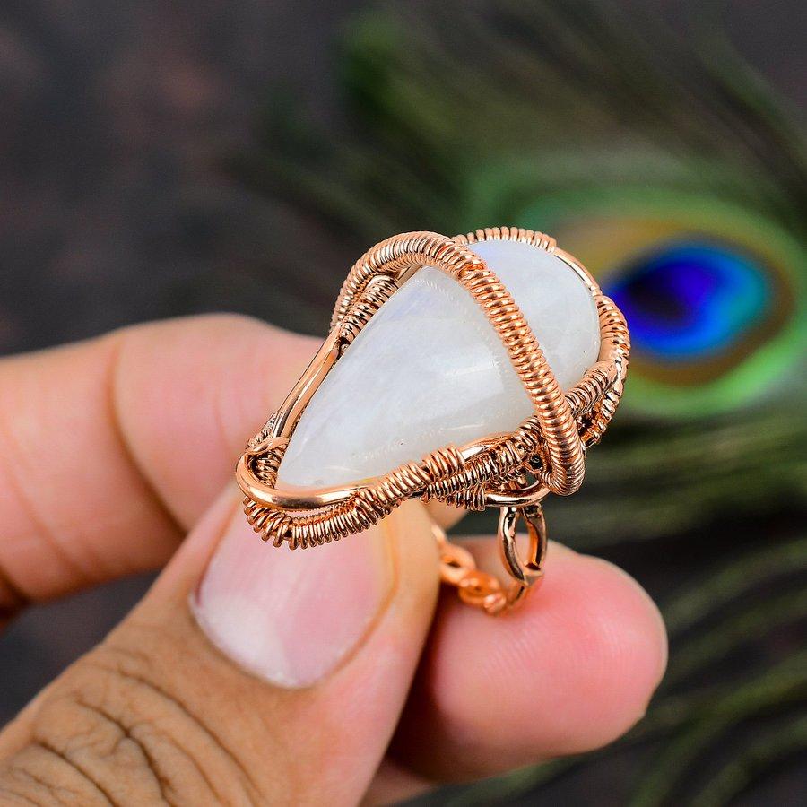 Natural Rainbow Moonstone Gemstone Handmade Copper Wire Wrap Ring Size 8 Z3F15