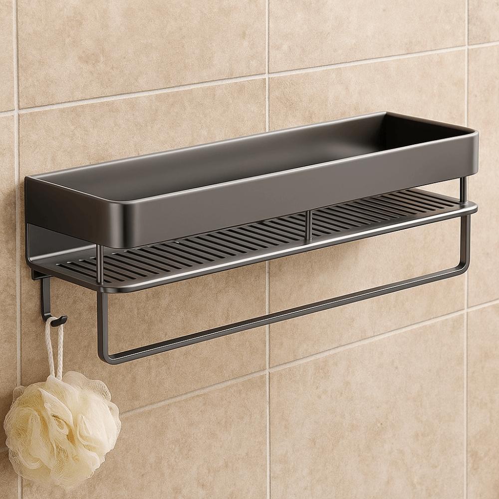 Wall-Mounted Bathroom Storage Rack Aluminum Alloy Punch Free Kitchen Condiment Racks Drainable with Hook and Rod Bathroom Shelf