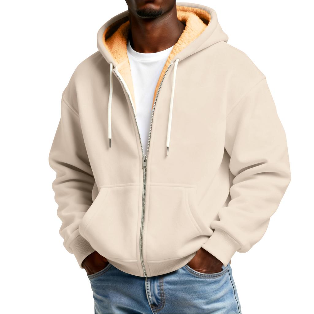 Men's Solid Color Fleece-Lined Zip-Up Pocket Hooded Sweatshirt Cardigan Men's Casual Sweatshirt Cardigan