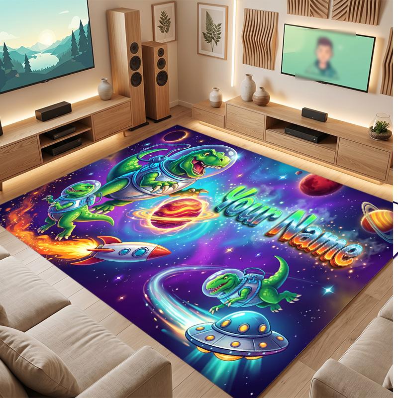 Dinosaur Theme Soft Crystal Velvet Rug Custom Name & Text Print Non Slip Floor Rug for Bedroom Living Room
