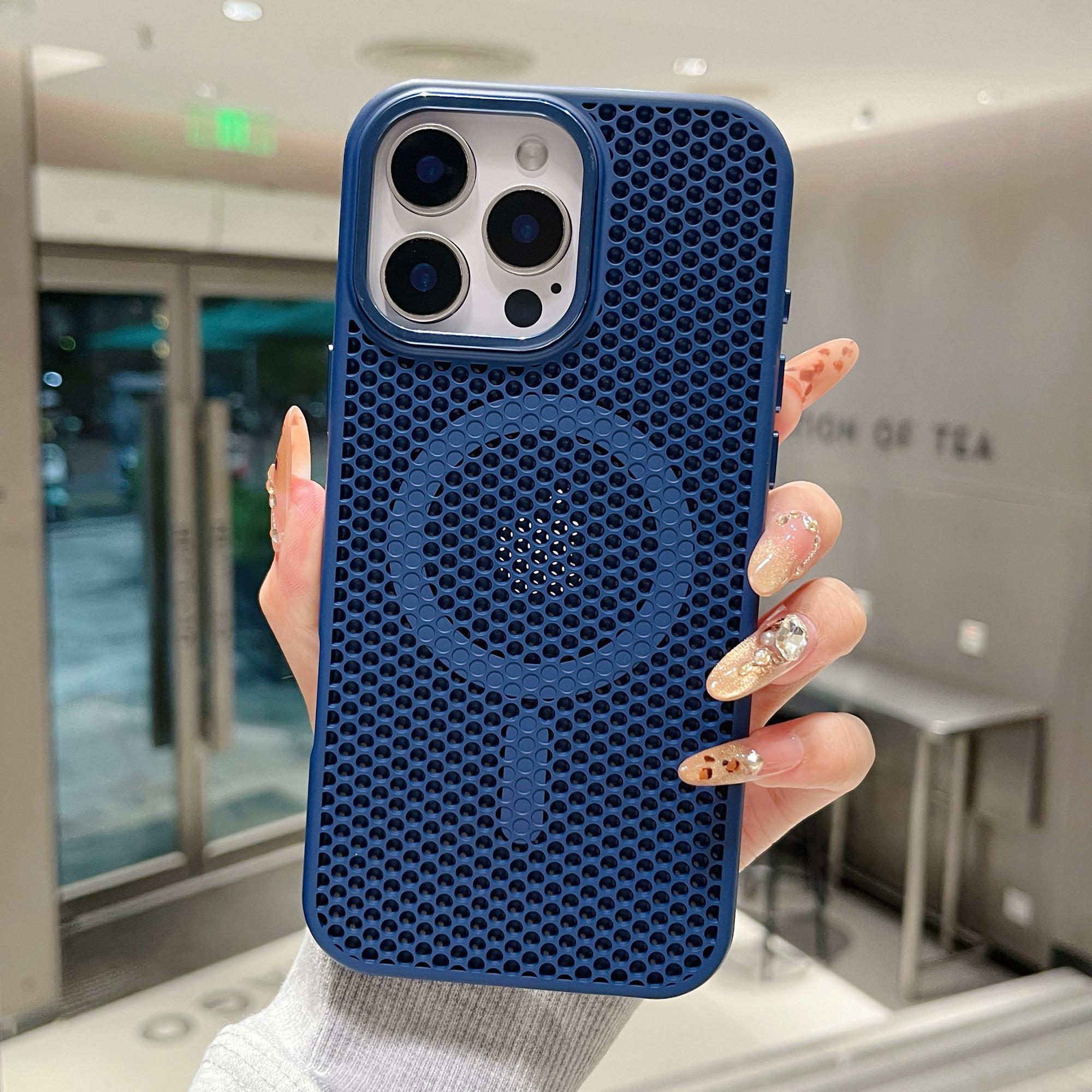 

For iPhone 16 Pro Max Magnetic Case Electroplated Mesh Heat Dissipation TPU+PC Phone Back Cover Navy Blue