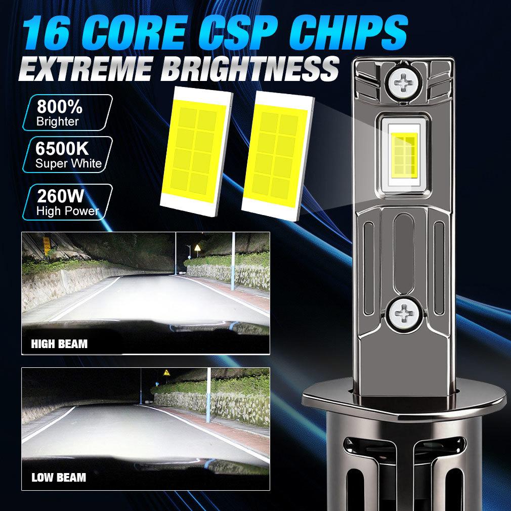 2Pcs 60000LM H1 Turbo LED Headlight Bulbs 260W Canbus Mini Wireless Lamps W/ Fan CSP Chips Super Bright for Car Fog Lights Headlamp 6500K White