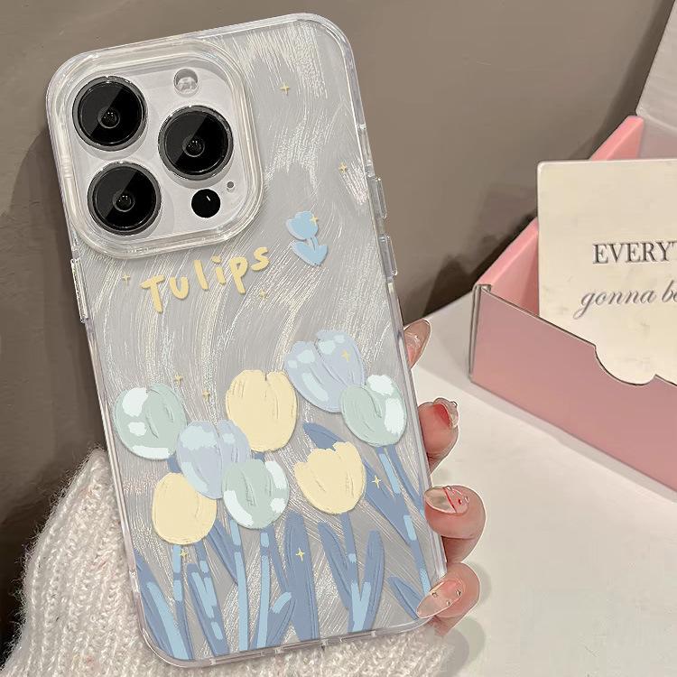 Applicable To IPhone15promax Apple Phone Case 14 Oil Painting Tulip 13 Feather Yarn IMD Full Cover 12 Large Holes X