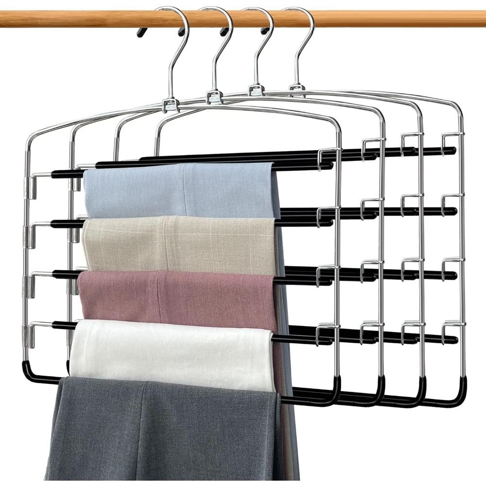 Pant Hanger 4-piece Set, Swing-arm Pants Rack, Space-saving Pant Hanger, 5-layer Non-slip Jeans Hanger