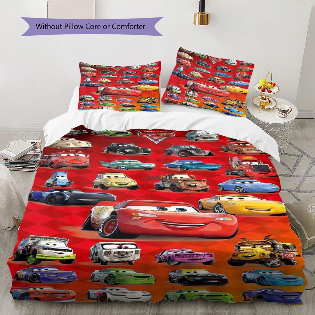 Dreiteiliges Bettwäsche-Set mit Cars-Cartoon-Print, bestehend aus Bettbezug und Kissenbezügen, weich und atmungsaktiv, Bettdecke nicht enthalten.
