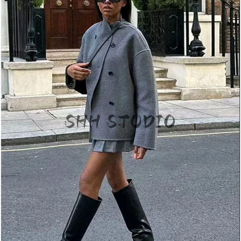 Autumn New Women's Clothing Korean Style Minimalist Stand Collar Long Sleeves Loose Double Breasted Short Woolen Overcoat Outwear