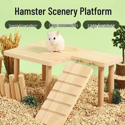 Zweistöckiger Holzkäfig für Hamster mit verdickter Plattform, Leiter und Versteckhaus für Goldhamster.