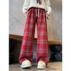 Coffee plaid woolen wide-leg pants women's new autumn clothing lazy and relaxed high waist thin straight-leg pants