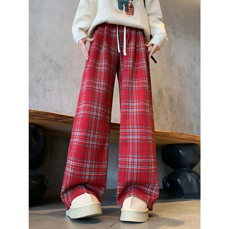 Coffee plaid woolen wide-leg pants women's new autumn clothing lazy and relaxed high waist thin straight-leg pants