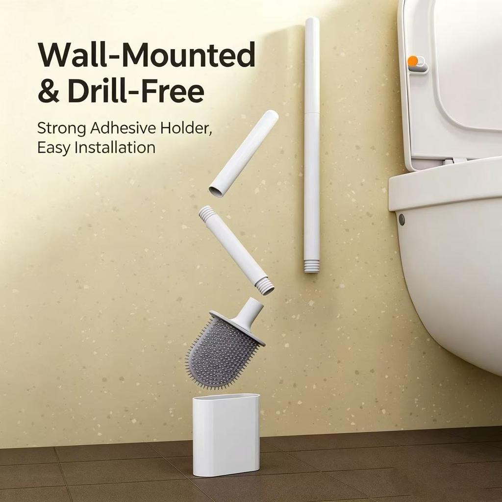 Silicone Toilet Brush with Holder, Drill-Free Wall Mount, Flexible Silicone Bristles Deep Clean Bathroom Toilet Cleaning Tool