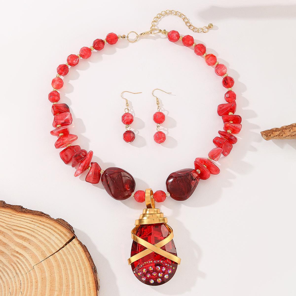 Imitation Crystal Gravel Beaded Pendant Necklace Earrings Set Korean Banquet Jewelry Accessory красный
