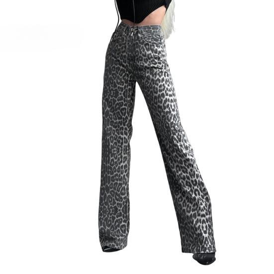 

Женские джинсы с леопардовым принтом, высокая талия, широкие длинные брюки, винтажная уличная одежда 2000 года L