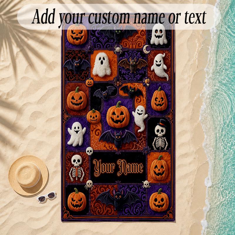 Halloween Theme Soft Beach Towel Personalized Custom Name Text Towel Portable for Beach Pool Travel