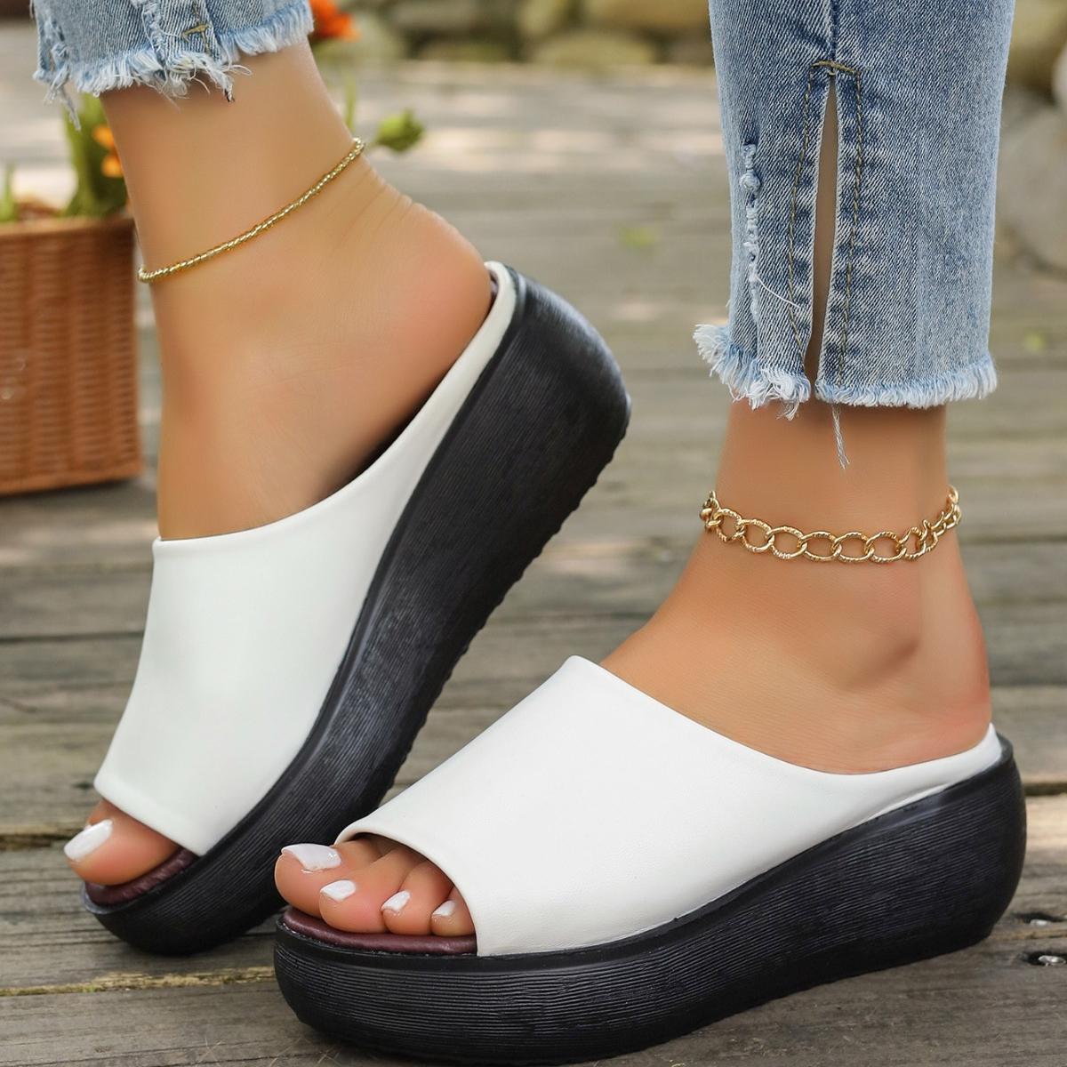 

Женские тапочки на платформе 2024 года, новые летние туфли в этническом стиле на танкетке с рыбьим ртом, одно слово, перетаскивание, слипоны, толстая подошва, женская обувь 44 белый