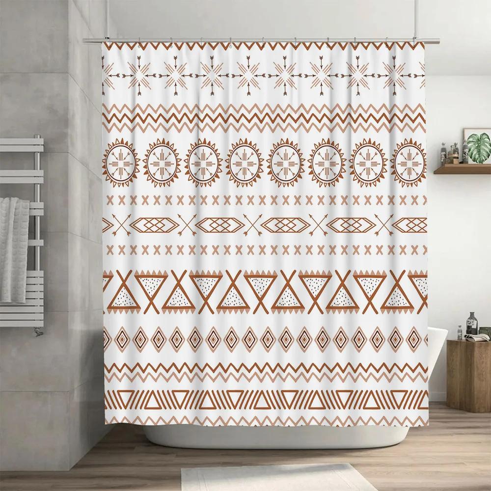 Rustic Geometric Shower Curtain Bath Decor Set with 12 Hooks in Neutral Beige Tones for Modern Home Bathroom