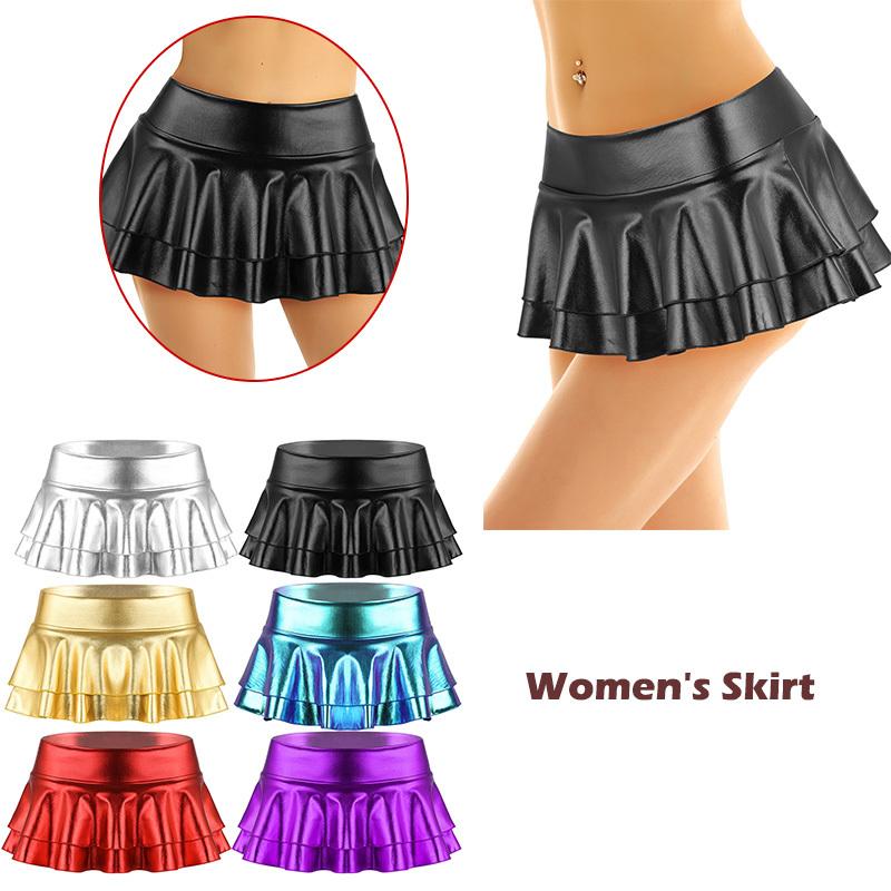 Women Low Rise Double Layered Ruffled Skirt Shiny Metallic Mini Skirt for Rave Party