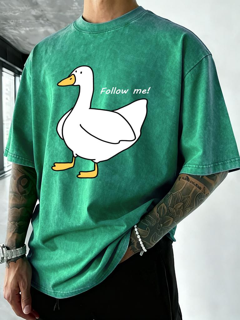 Follow The Goose Design Men Washed T Shirt Summer Hip Hop TShirt Crewneck Cotton Sportswear Casual Oversized Short Sleeves