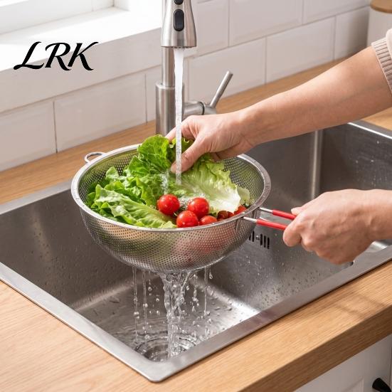 Easy Clean Food Colander Stainless Steel Rice Washing Basket, Red Handle Fine Kitchen Drain Basket Mesh Strainer, Heat-Insulating for Fruit Vegetable