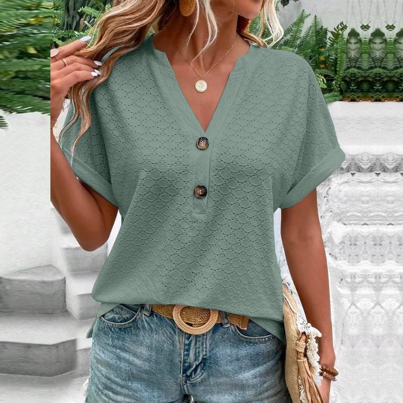 Women Fashion Casual Solid Color Button V Neck Short Sleeve T Shirt