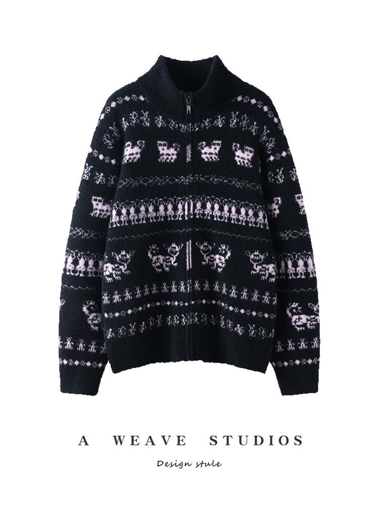 Women's Color Block Cashmere Sweater: Autumn/Winter Jacquard Loop Yarn Half-High Collar Zipper Cardigan