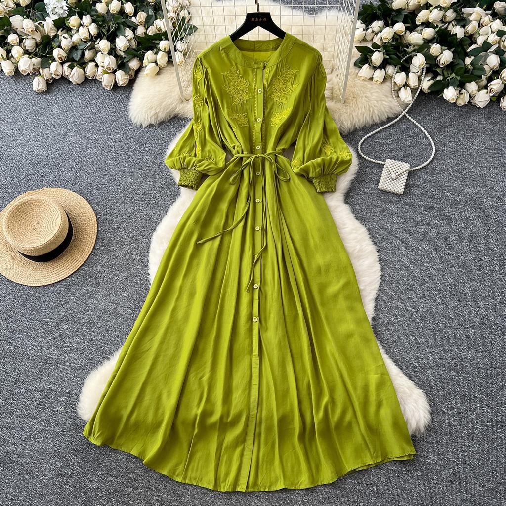 Vintage Elegant Embroidered Button Dress A-line Chic Casual Beach Vacation Women Summer Dresses