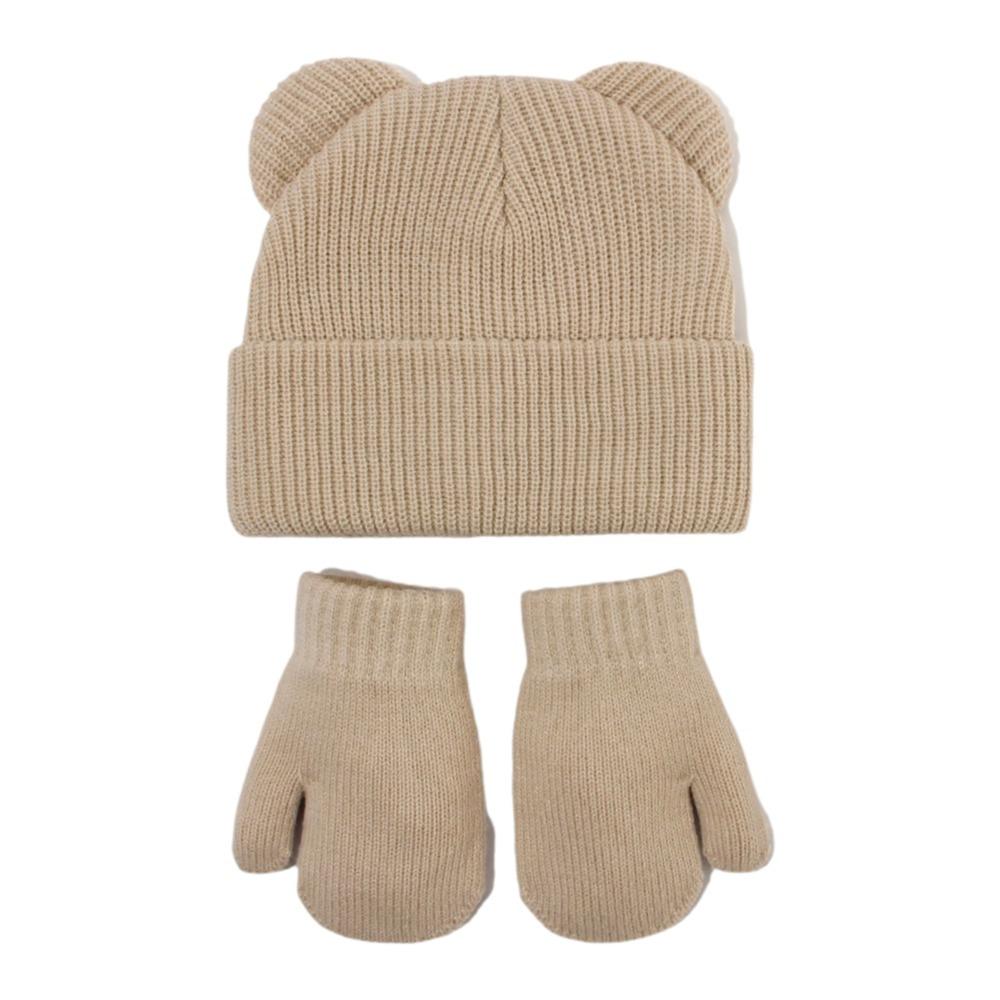 Knitted Bear Ear Earflap Hat Warm Knitted Hat Glove Set Children's Winter Hat for Boys Girls Kids