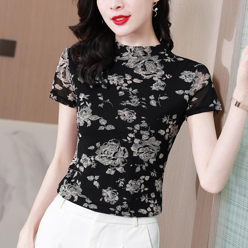 

Футболка-основа с полуворотником для женщин, летняя футболка с короткими рукавами и большим размером, универсальная облегающая футболка с принтом для мам 4XL