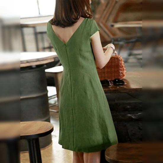 Women Summer Dress Round Neck Short Sleeve Pure Color V-shaped Back Zipper A-line Slim Fit Above Knee Length Daily Commute Mini Dress