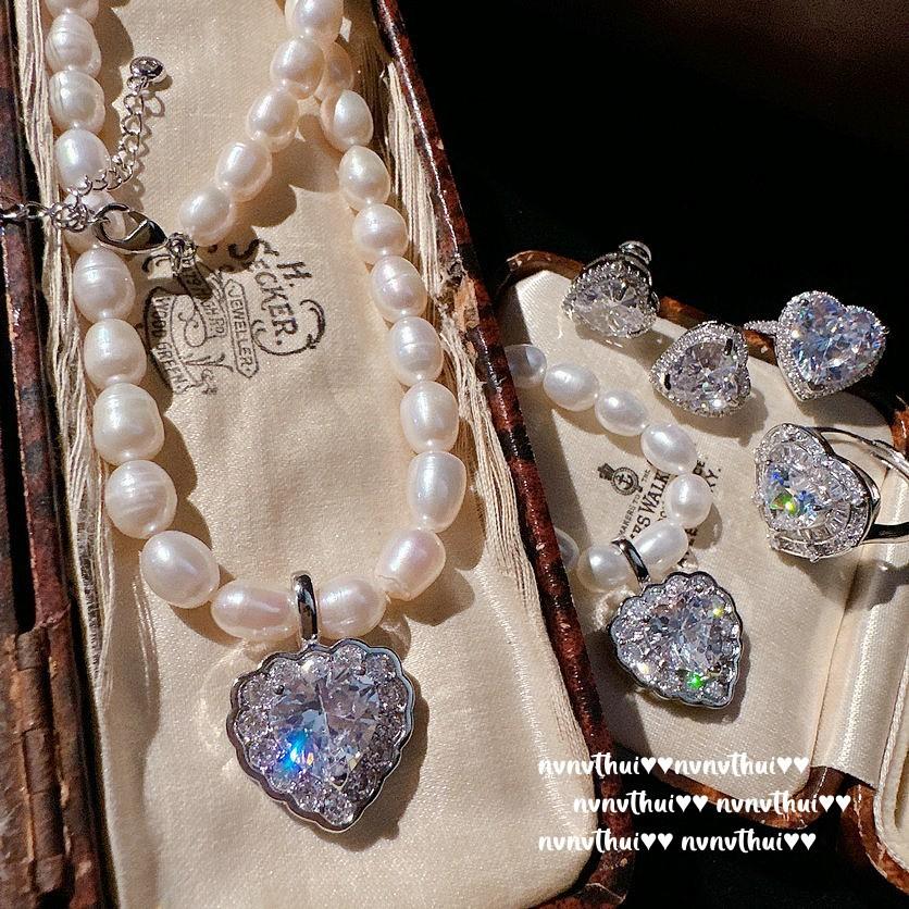 Papalacha Love Gemstone Pearl Necklace, Watery, 18K Gold-Plated Large Carat Love Zircon Ring.