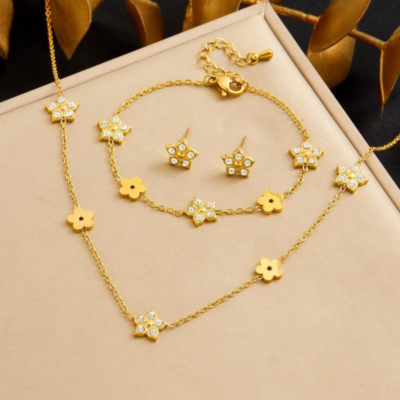 Gold Plated Stainless Steel Flower Crystal Jewelry Set Necklace Bracelet Earrings золотой