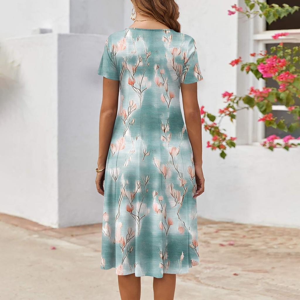 Women's Casual Fashion Round Neck Short Sleeve Print Midi Dress