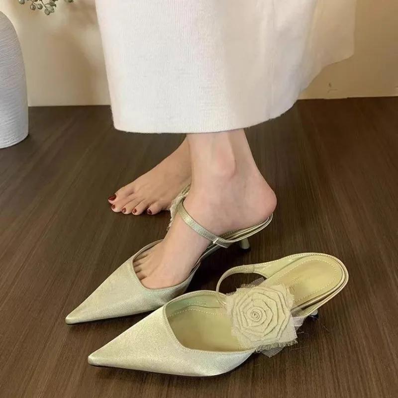Fashion Ladies Shoes 2025 Pointed Toe Summer Floral Women's Slippers Plus Size Dress Slippers Women Thin Heels Modern Closed Toe Sandals
