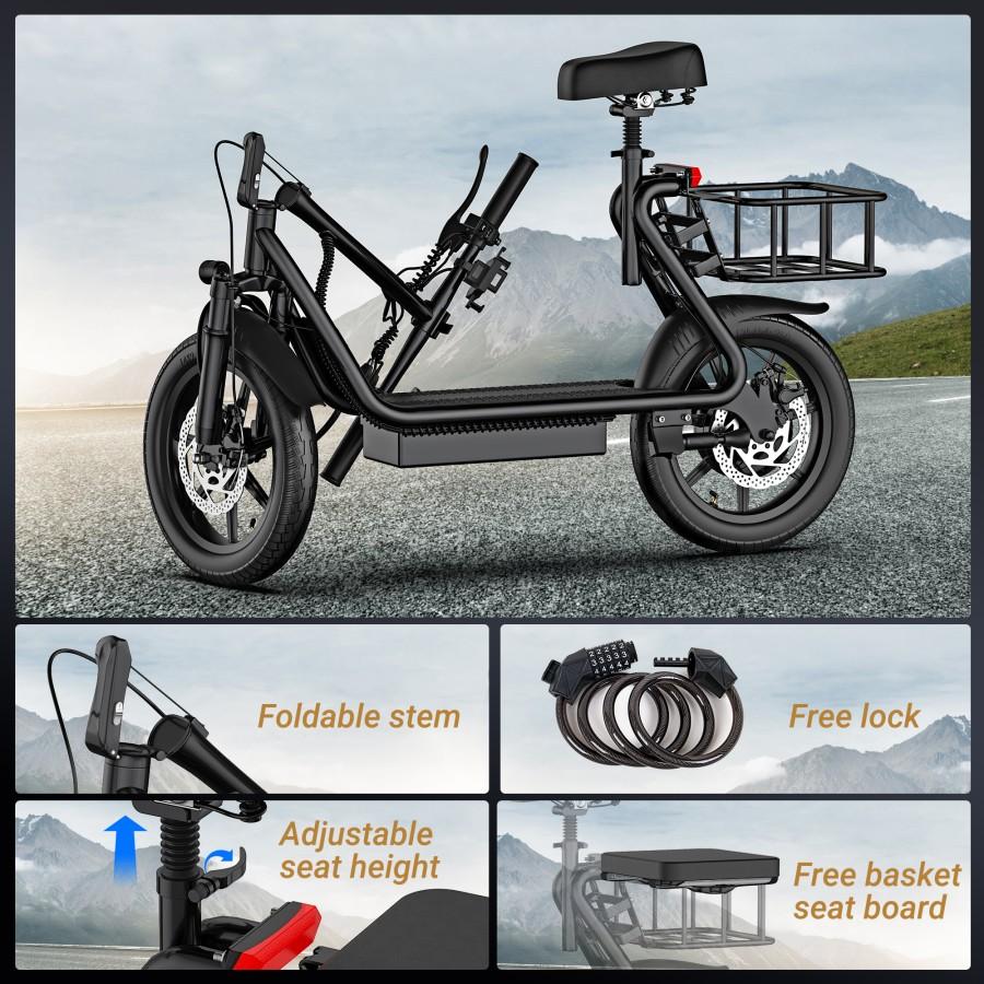 Elektrischer Roller für Pendler mit Sitz, Heckkorb, 48V Akku, 500W Motor, faltbarer Rahmen
