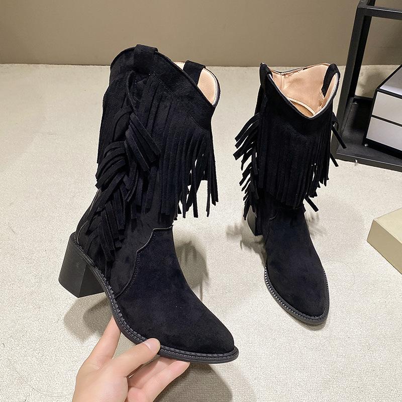 

Fashion Vintage Short Boots Women 2025 Autumn Winter Pointed Toe Western Cowboy Boots Fashion Height Increase Non Slip Chunky Heel Shoes 42 чёрный