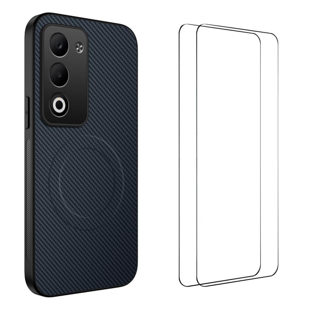 Dla Xiaomi Redmi 15 5G (Światowy) (169mm) Magnetyczne etui WANLONFENG Seria TQ1 Tekstura włókna węglowego PC TPU Pokrowiec na telefon z 2 szt. folii na ekran