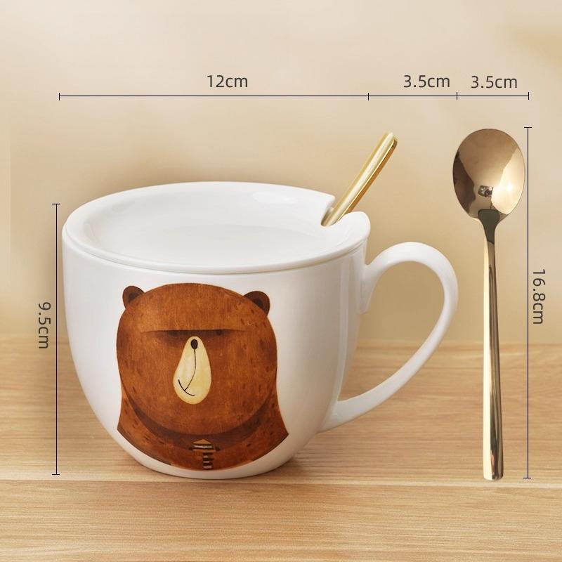 600ml Velkokapacitní keramický hrnek slon s víčkem a lžičkou – Roztomilý zvířecí design Snídaňová miska, Miska na ovesnou kaši, Šálek na kávu